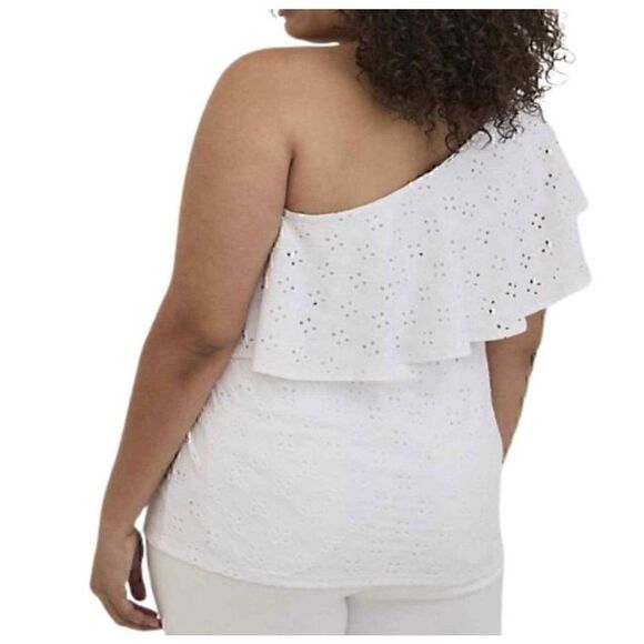 Torrid Top White Eyelet One Shoulder Size 1 Ruffle Cute Short Sleeve Shirt - Picture 2 of 11